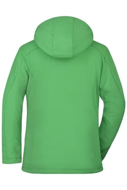 A bright green soft shell jacket featuring a hood and a clean design, with a logo on the back.