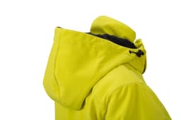 A bright yellow soft shell jacket with a hood and black lining, featuring a logo on the side.