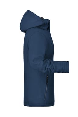 A navy soft shell jacket with a hood, featuring a zipper and a side profile view. It has a logo on it.