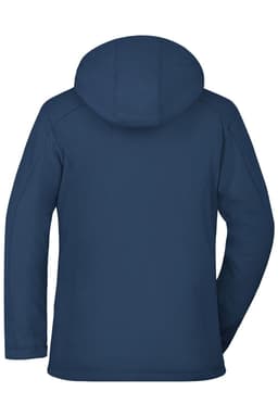 A soft shell jacket in navy blue with a hood, featuring a logo on the back.