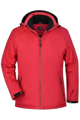 A red ladies soft shell jacket with a black hood and zippered pockets, featuring a logo on the front.