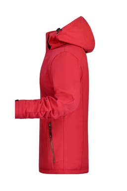 A red soft shell jacket with a hood, featuring a side view showcasing its design and zippered pockets.