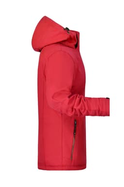 A red ladies soft shell jacket with a hood, featuring zippered pockets and a branded logo.