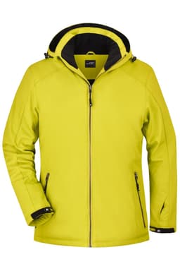 A bright yellow soft shell jacket featuring a hood and zippered pockets, with contrasting black detailing.