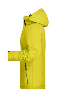 A soft shell jacket in vibrant yellow with a hood and side zip pockets, featuring a discreet logo.
