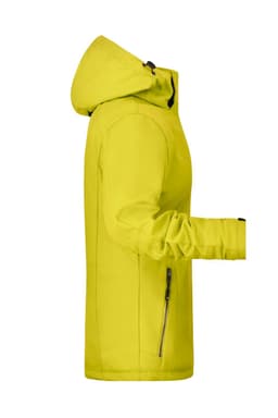 A bright yellow ladies' soft shell jacket featuring a hood and side zip pocket.