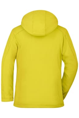 A bright yellow ladies soft shell jacket with a hood, featuring a plain back design.