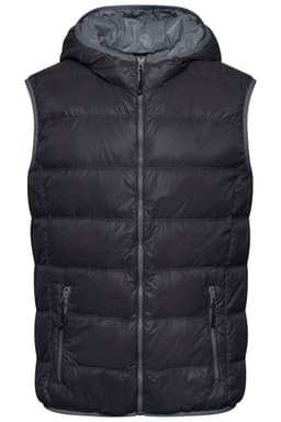 A black men's down vest with a hood and zippered pockets, featuring a puffy quilted design and interior lining.