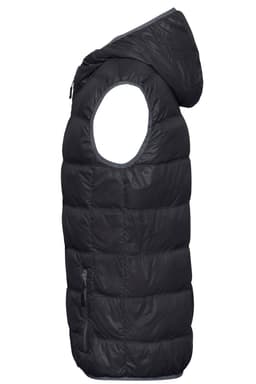 A black men's down vest featuring a hood and side zipper, with a puffy design. It has a logo on the fabric.