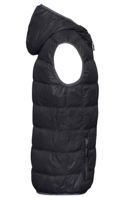 A black men's down vest featuring a hood and a zippered front pocket. It has a puffy design and sleeveless cut.