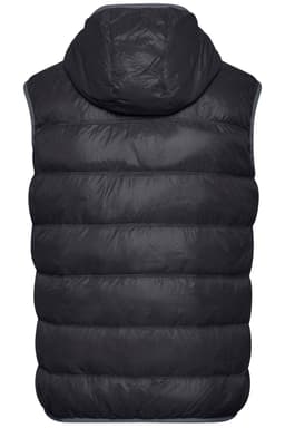 A black down vest with a hood, featuring a padded design and a logo.
