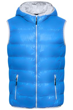A blue puffer vest with a hood, featuring two zippered pockets and a contrasting white interior lining.