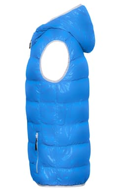 A bright blue men's down vest with a hood and a zippered pocket on the side, featuring a logo.