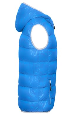A blue men's down vest with a hood, featuring a side zip pocket and a shiny finish.