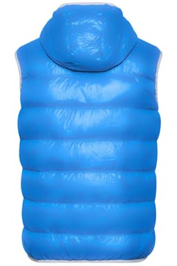 A bright blue down vest with a hood, featuring a puffy design and a logo on the back.
