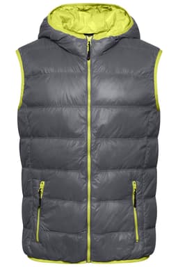 A grey men's down vest with a hood, featuring bright yellow accents and two zip pockets on the front.