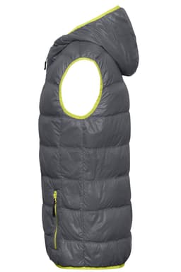 A grey men's down vest with a hood, featuring a yellow trim and a side pocket.