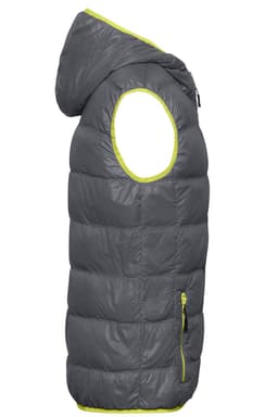 A grey down vest featuring a hood and bright yellow trim, with a zip pocket on one side.
