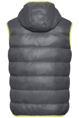 A grey men's down vest with a hood, featuring a bright yellow trim and a logo on the back.