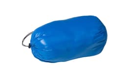 A blue down vest packed in a drawstring pouch, featuring a smooth, shiny exterior. It has a branding logo.