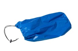 A blue drawstring bag with a cinched closure and a toggle adjuster.