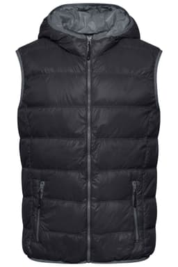 A black men's down vest featuring a hood, quilted design, and side pockets.