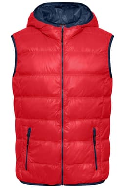 A red down vest with a navy blue interior and zippered pockets, featuring a hood and a full front zip.