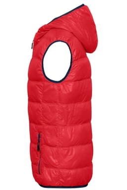 A red down vest with a hood and side pockets, featuring a contrasting navy lining. It has a logo on it.