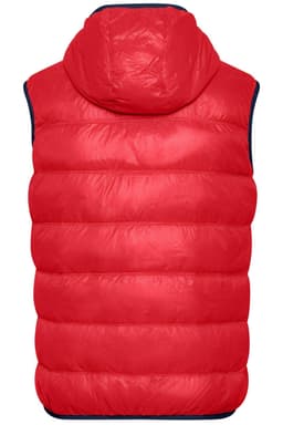 A red men's down vest with a hood, featuring a puffy design and a contrasting navy trim.