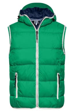 A green padded men's vest with a navy hood, featuring zippered pockets and a logo on the chest.