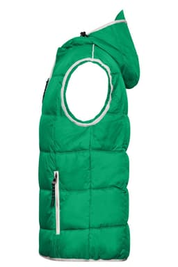 A green padded vest featuring a hood and zippered pockets, with a logo on the front.