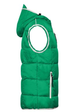 A green padded men's vest with a hood, featuring a zippered pocket and contrasting trim. It has a logo on it.