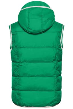 A green padded men's vest with a hood and reflective detailing on the edges. Features a logo.