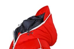 A red vest featuring a black inner lining and a high collar, showcasing a zippered opening and a logo.