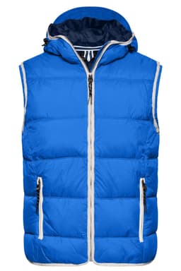 A blue padded vest with a hood, featuring zippered front and side pockets, and contrasting white trims.
