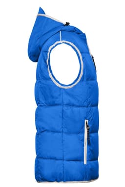A blue padded vest with a hood, featuring an armhole and a front zip pocket. It has a branded logo.