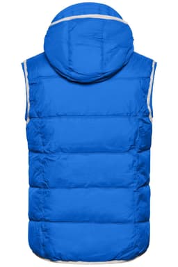 A blue men's vest with a hood and a quilted design, featuring a logo on the back.