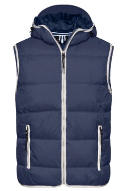 A navy puffer vest with a hood, featuring two zippered side pockets and contrasting white trim. 