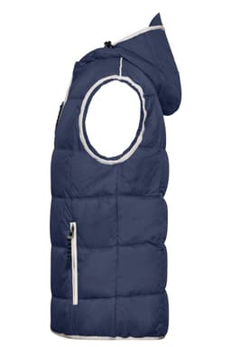A navy blue men's maritime vest with a hood, featuring a zippered front and side pockets. It has a logo on it.