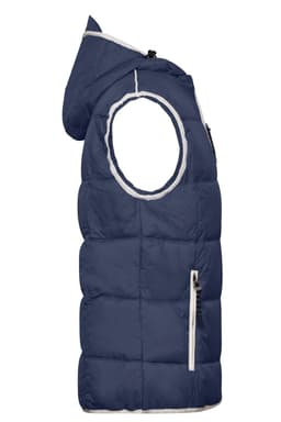 A navy men's vest with a hood, featuring puffy construction and zippered pockets. It includes a logo on the chest.