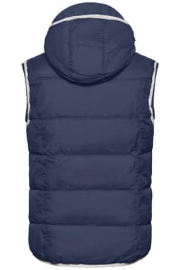 A navy blue men's vest with a hood, featuring a puffy design and a logo.
