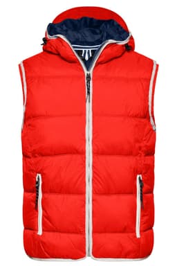 A bright red padded vest with a navy hood, featuring zippered pockets and a front zip closure.