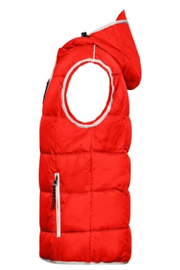A red men's vest with a hood, featuring a puffy design and front zip pockets. It has a logo on it.