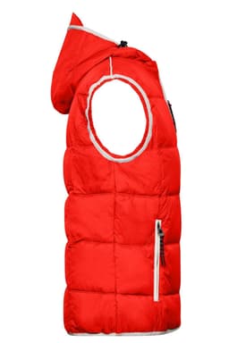 A red padded vest with a hood, featuring a zippered pocket and contrast detailing. It has an armhole cutout.