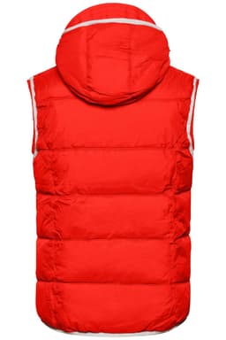 A red padded vest with a hood, featuring a logo and a sleeveless design.