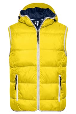 A yellow padded men's vest with a hood, featuring a zip front and two side pockets. It has a contrasting navy lining.
