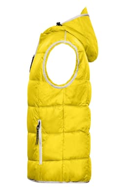 A bright yellow men's maritime vest with a hood, featuring a zippered pocket and a logo.