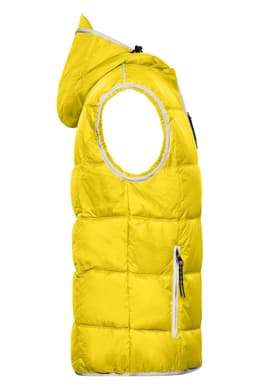 A yellow padded men's vest with a hood and a zippered pocket, featuring a logo on the chest.