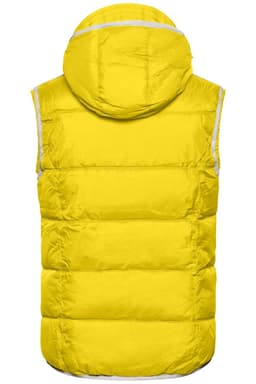 A bright yellow padded men's vest with a hood, featuring a logo on the back.