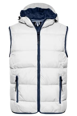 A white and navy men's lightweight vest with a hood, featuring zippered pockets and puffy design.